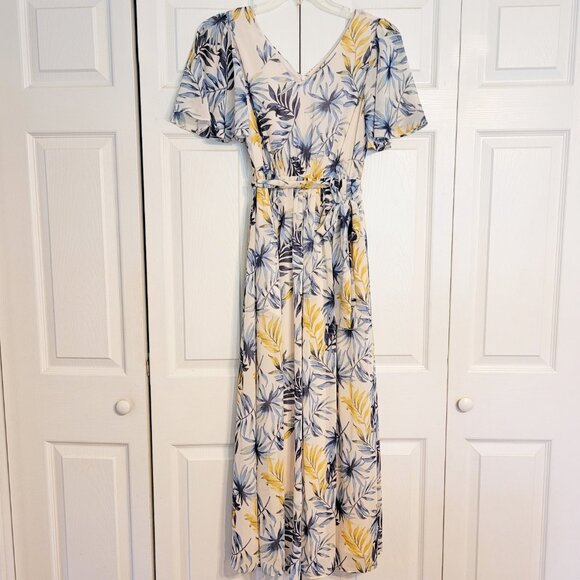 Gal Meets Glam Kiki Palm Leaf Flutter Sleeve Chiffon Dress - Picture 2 of 6